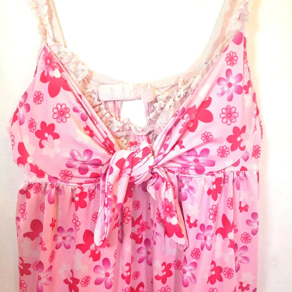 Victoria's Secret Pink Floral Baby Doll Sz L Bra Lace Y2K Fembot Ruffle 60s - Picture 2 of 9